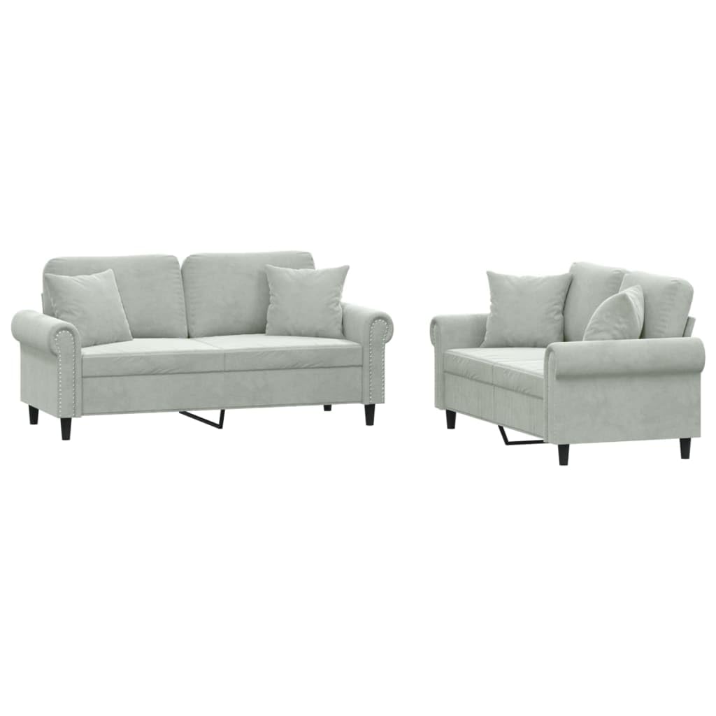 Light Gray Velvet 2 Piece Sofa Set with Throw Pillows X938