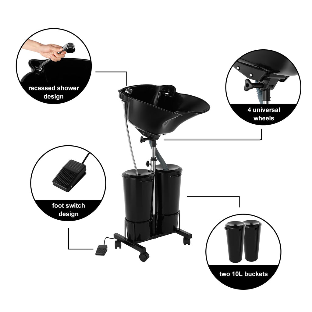 Portable Plastic Shampoo Bowl Unit with 2 Bucket and Drain Hoses Black S734795