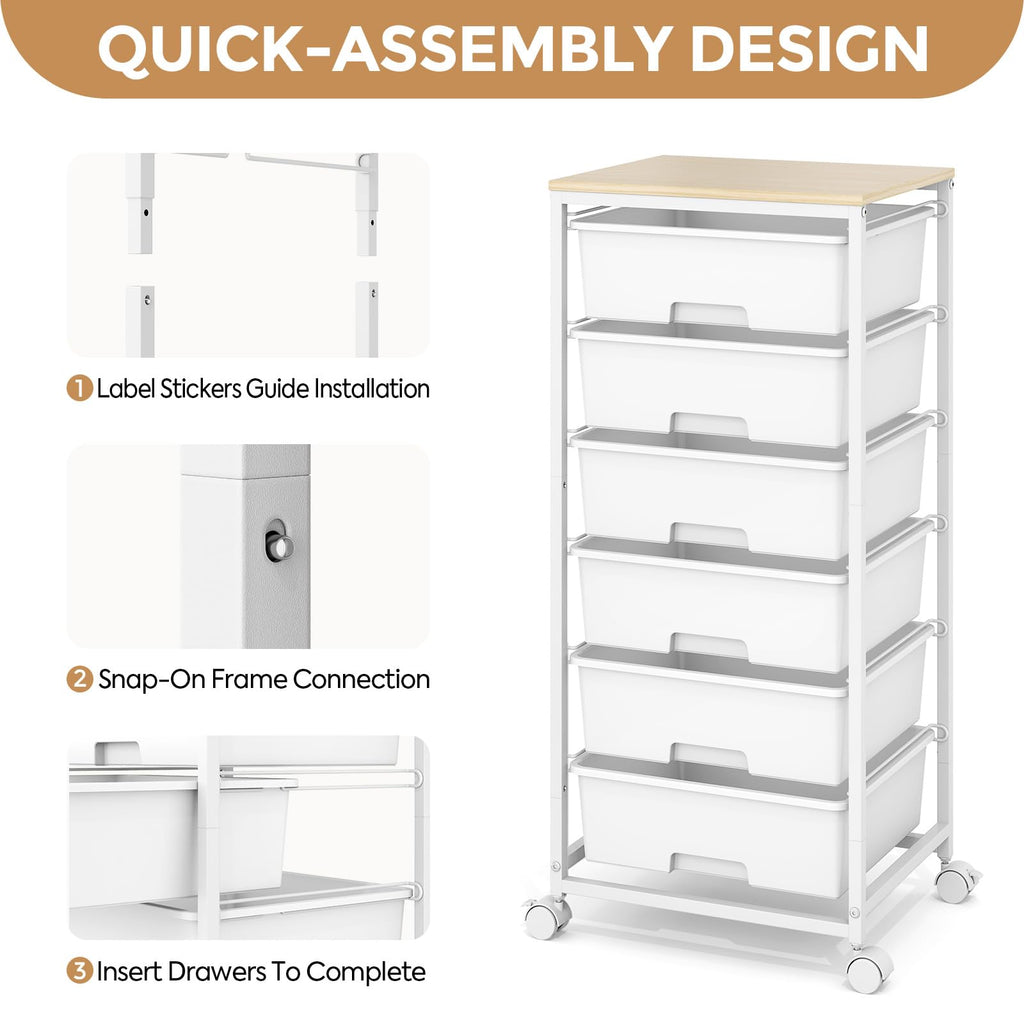 6 Drawer Rolling Storage Cart with Wooden Top and Wheels C47496