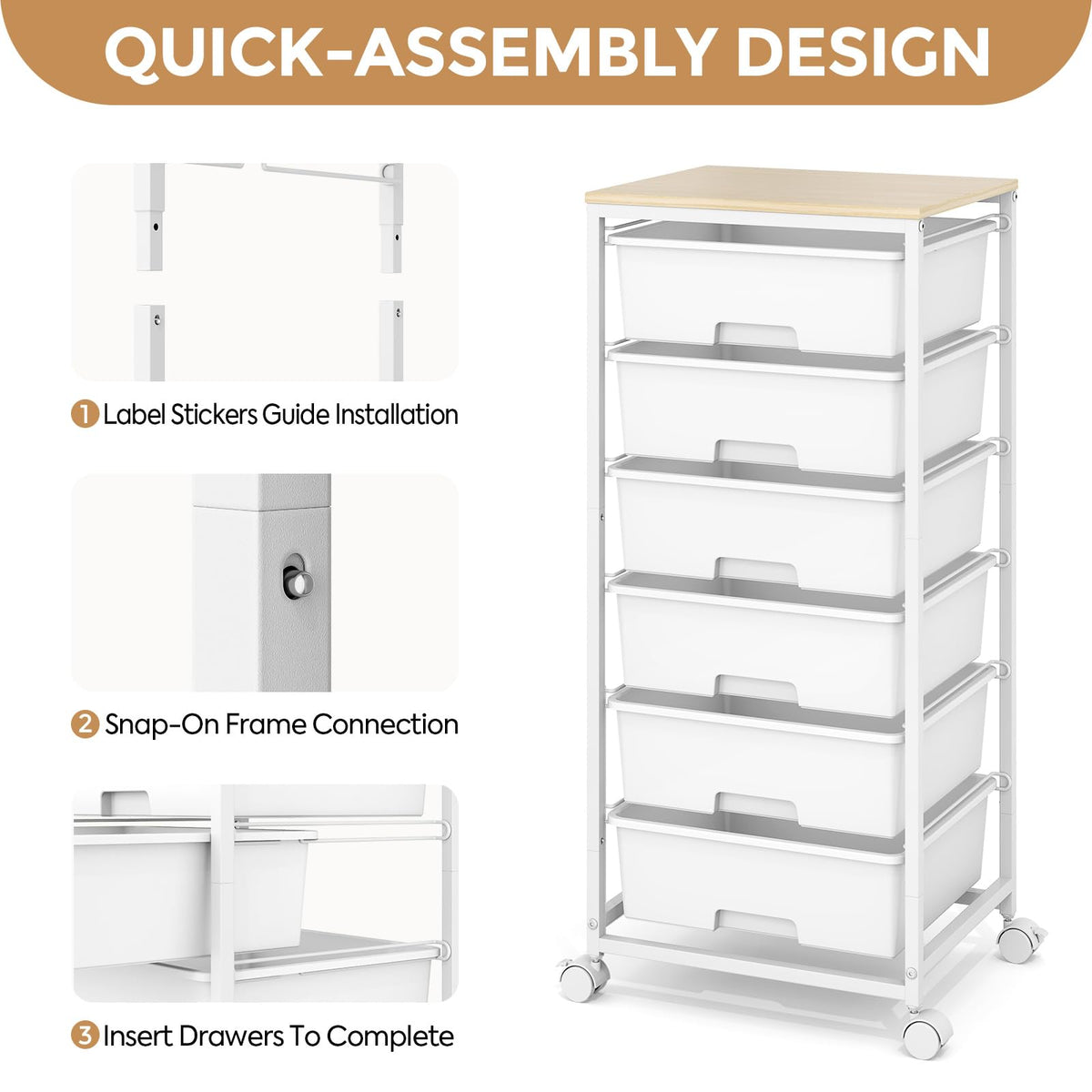 6 Drawer Rolling Storage Cart with Wooden Top and Wheels C47496