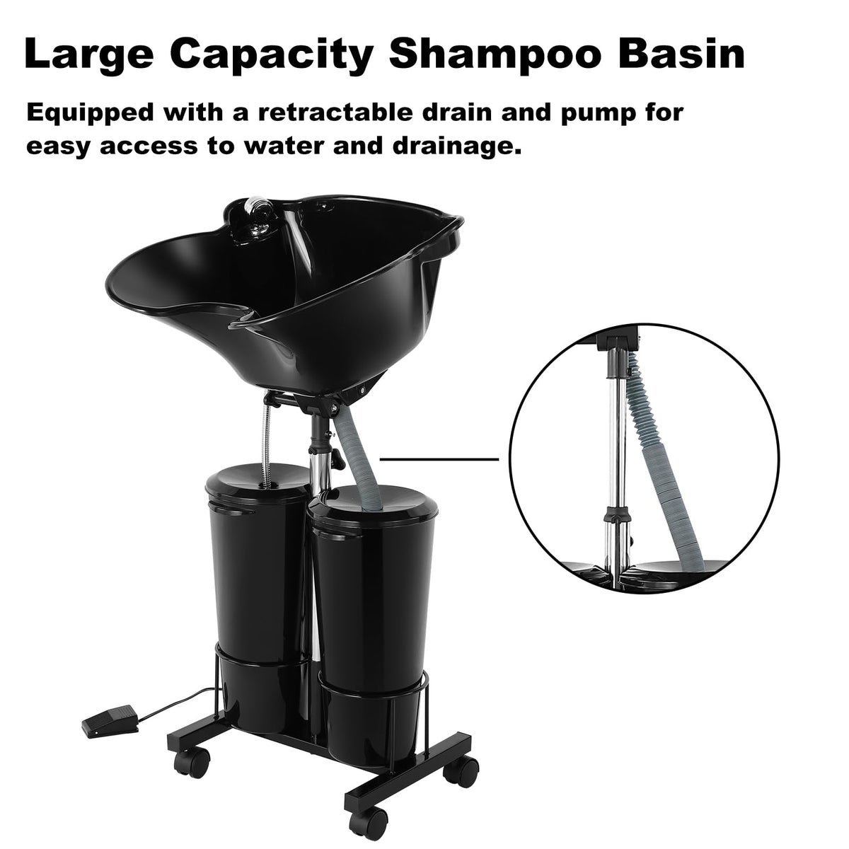 Portable Plastic Shampoo Bowl Unit with 2 Bucket and Drain Hoses Black S734795