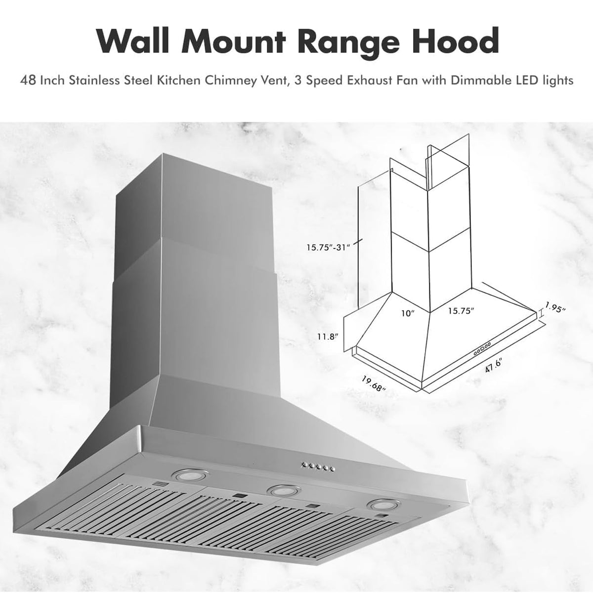 48 inch 800CFM Stainless Steel Wall Mount Range Hood S528959