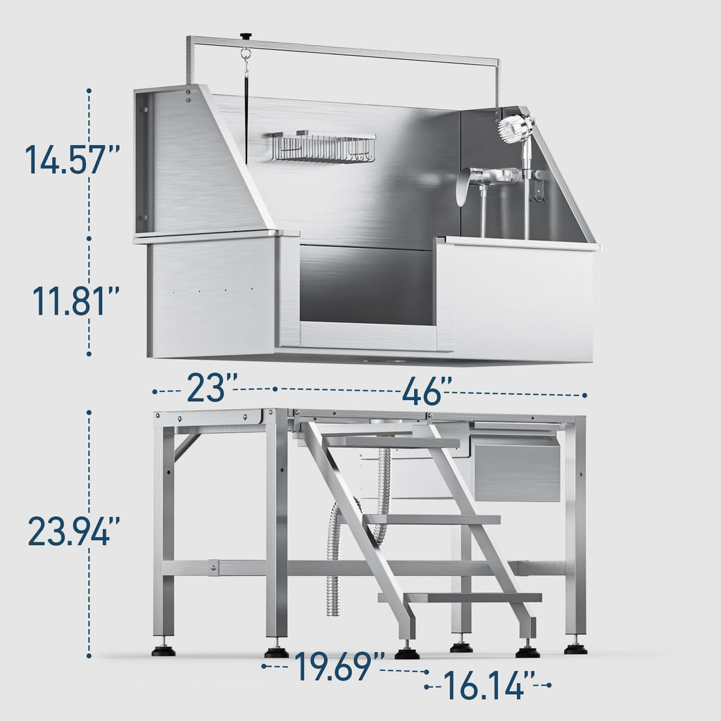 46" Stainless Steel Dog Washing Station with Removable Left Ramp & Storage Drawer H3141