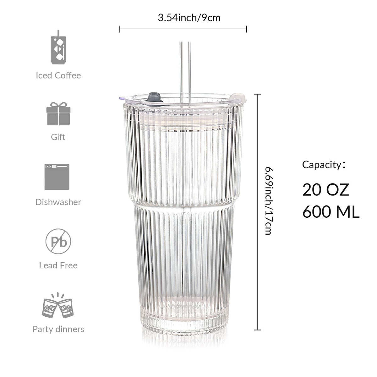 Set of 2 Ribbed Glass Tumbler with Lids and Straws P837