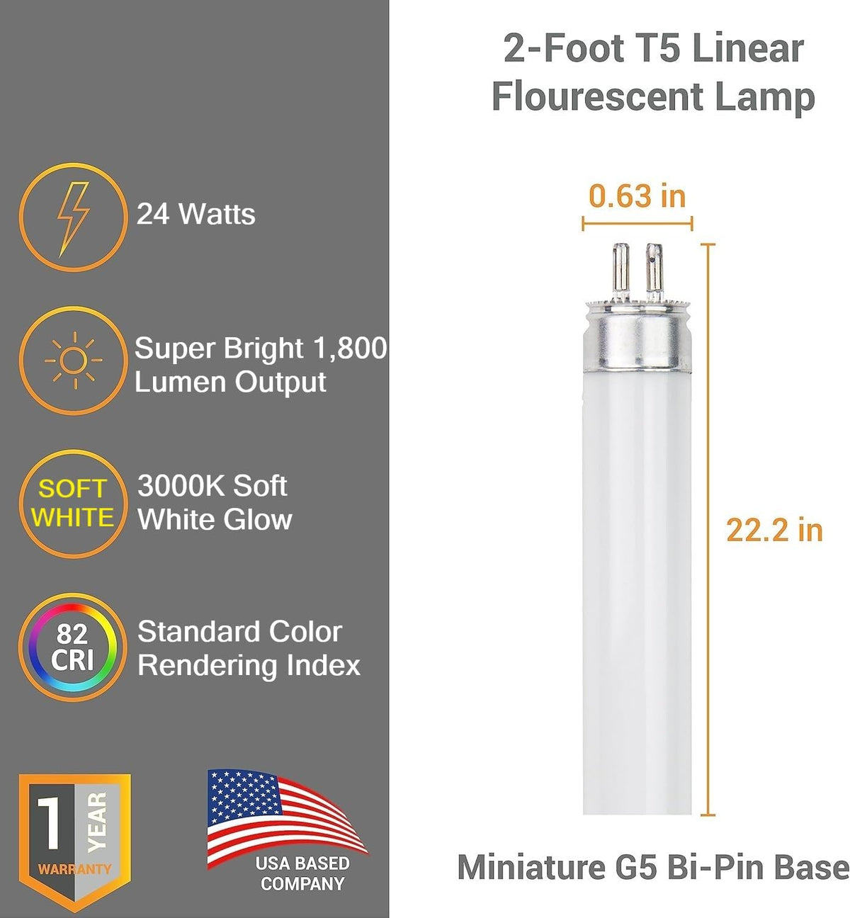24 Inch T5 Fluorescent Bulb G5 Miniature Bipin Base High Output 1800 Lumens 3000K Soft White 24W Linear Tube Pack of 40 U15410