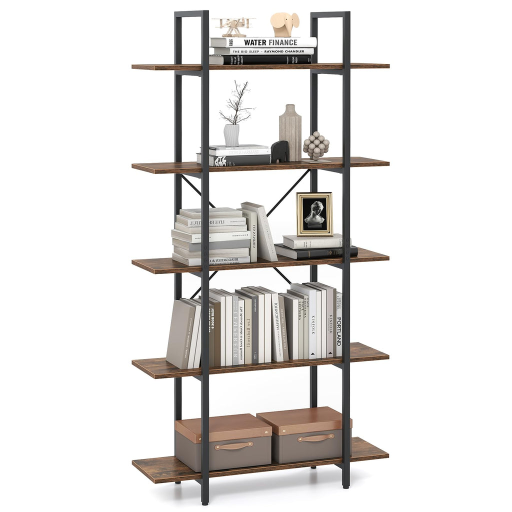 5-Tier Rustic Brown Bookshelf with Metal Frame O71961