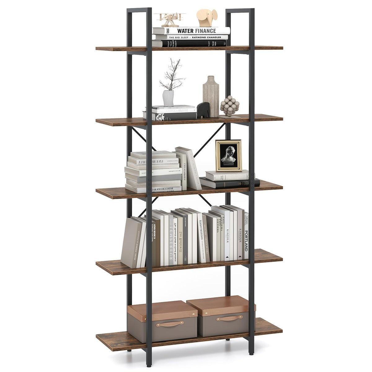 5-Tier Rustic Brown Bookshelf with Metal Frame O71961