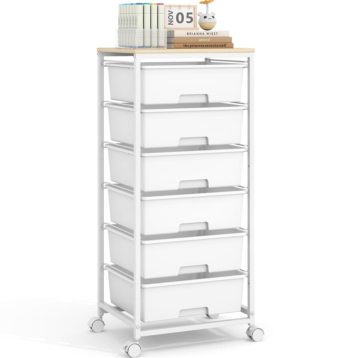 6 Drawer Rolling Storage Cart with Wooden Top and Wheels C47496