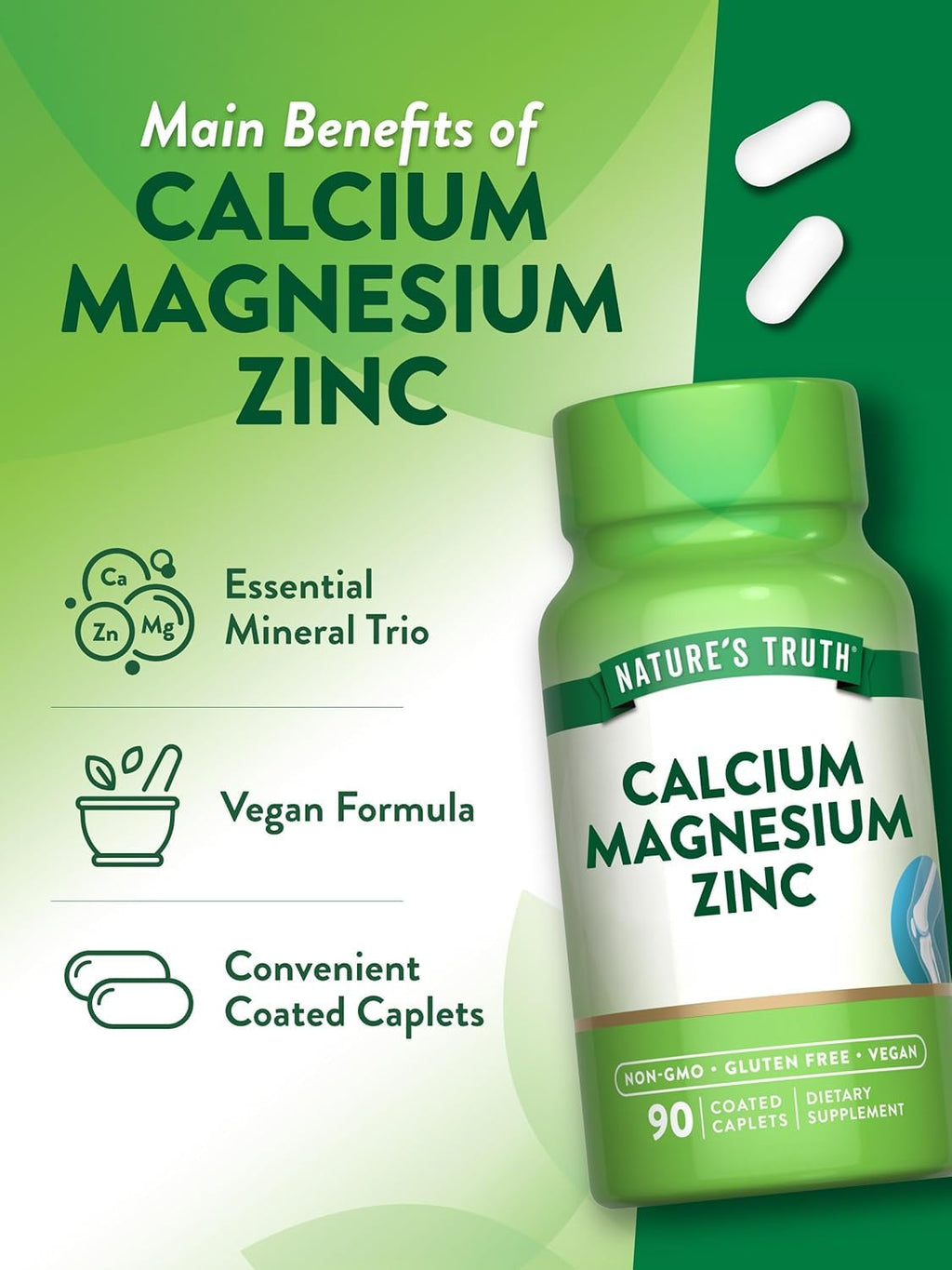 Calcium Magnesium Zinc Plus Vitamin D3 Caplets 90 Ct Pack of 2 V629956