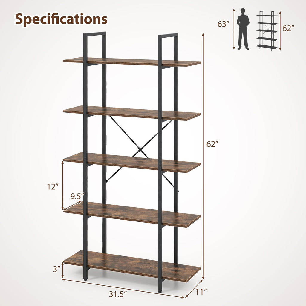 5-Tier Rustic Brown Bookshelf with Metal Frame O71961
