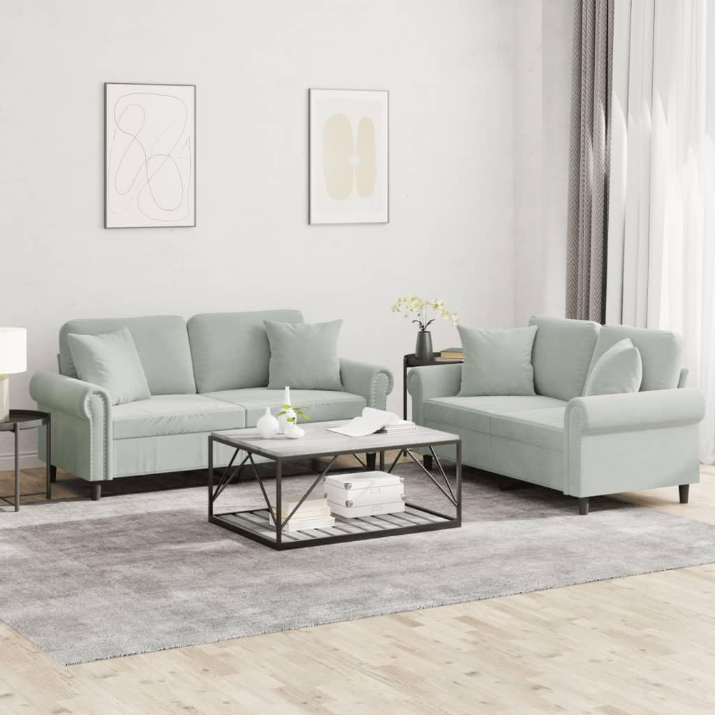 Light Gray Velvet 2 Piece Sofa Set with Throw Pillows X938