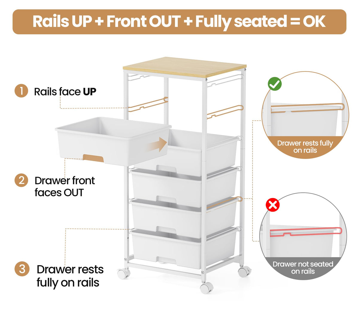 6 Drawer Rolling Storage Cart with Wooden Top and Wheels C47496