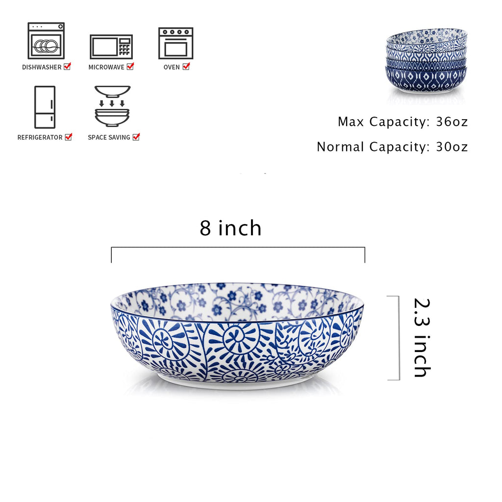 Ceramic Pasta Bowls Set of 4, 30 OZ Vintage Blue N34902