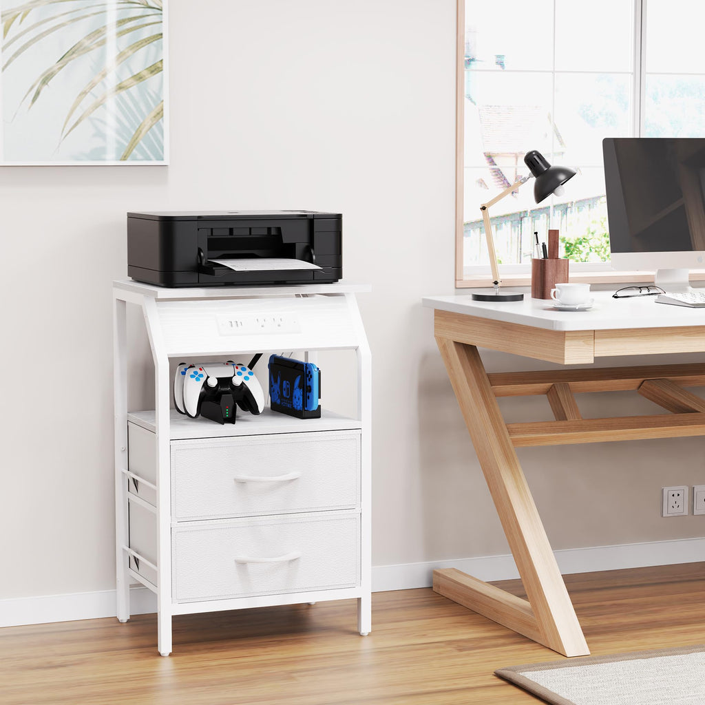 End Table with LED Lights, 2 Fabric Drawers and Charging Station Y856