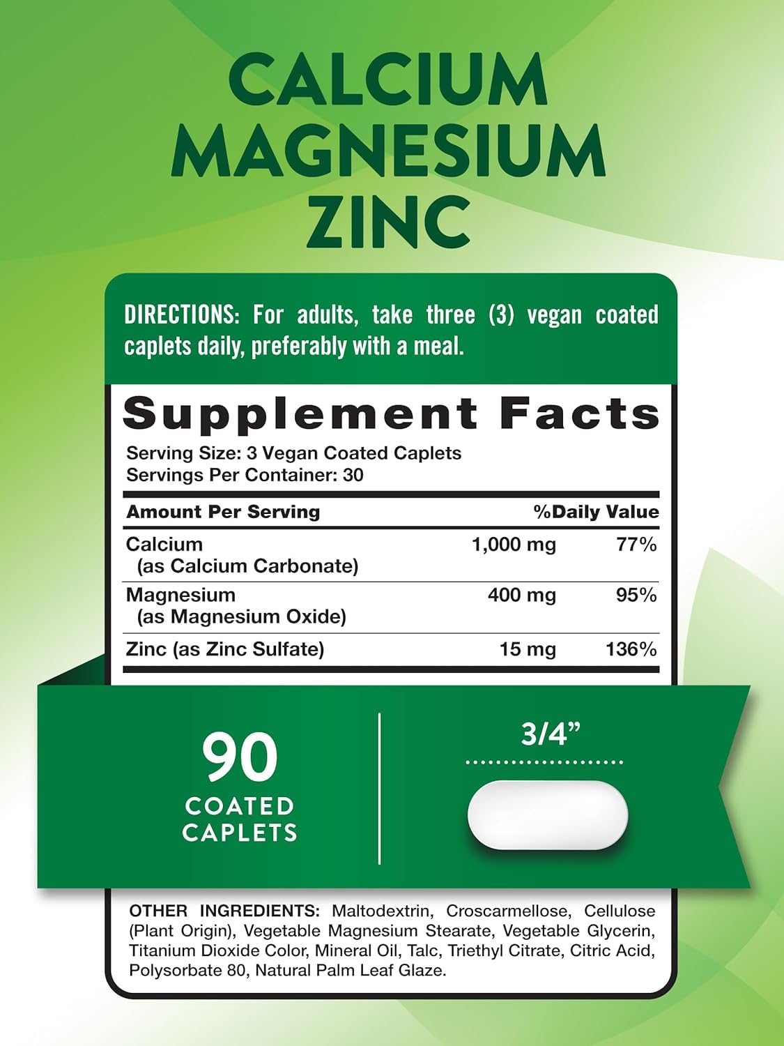 Calcium Magnesium Zinc Plus Vitamin D3 Caplets 90 Ct Pack of 2 V629956