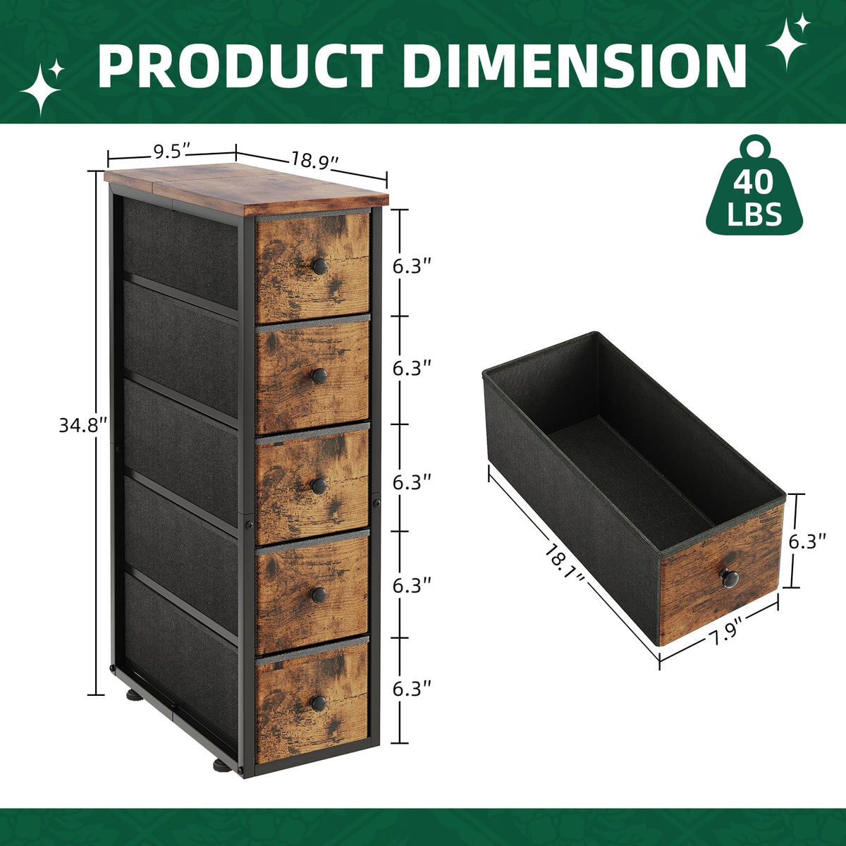 Narrow 5 Fabric Drawers Rustic Brown Dresser N74321