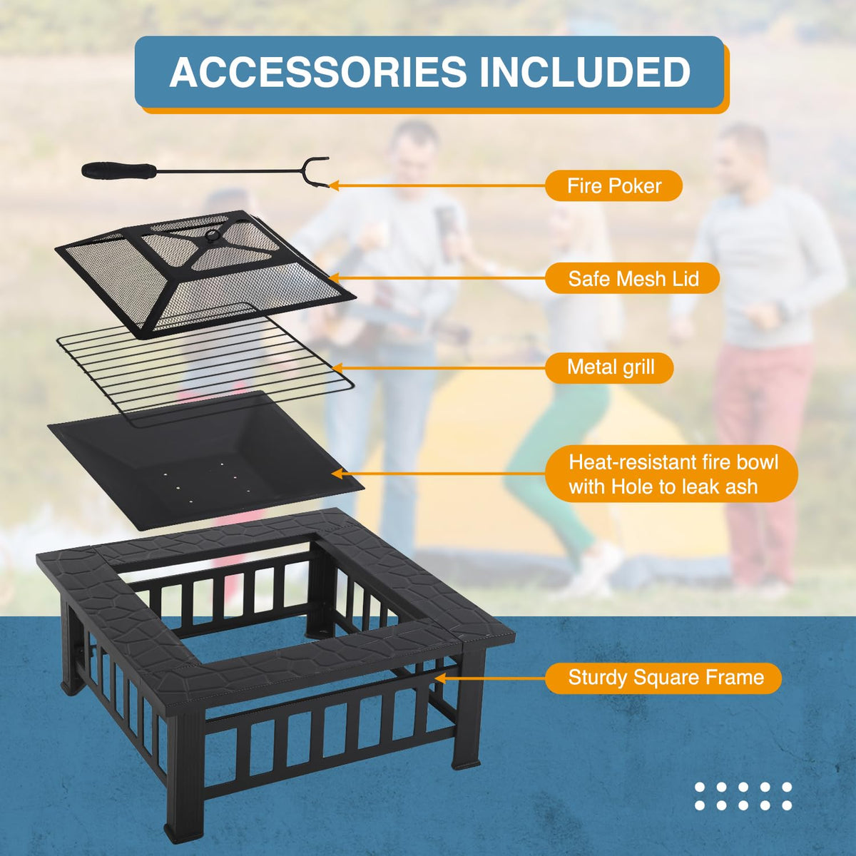 Square Metal Fire Pit Table 32in M7342