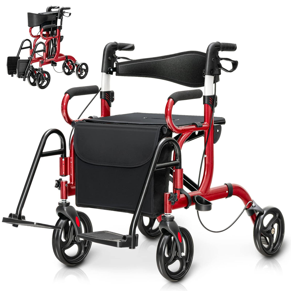 2-in-1 Folding Rollator Walker with Seat, Red O7911