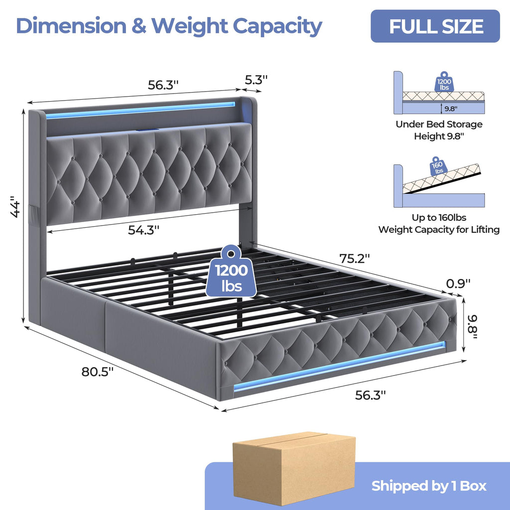 Full Size Hydraulic Lift Up Storage Bed Frame with Shelves, Side Pockets & Charging Station, Upholstered LED Platform Bed with Button Tufted Headboard, No Box Spring Needed, Velvet Grey Q415