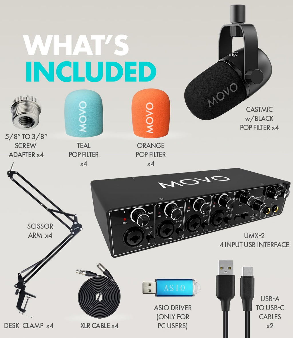4-Person Podcast Equipment Bundle with 4-Channel USB Audio Interface and 4 Dynamic Microphones Z1885