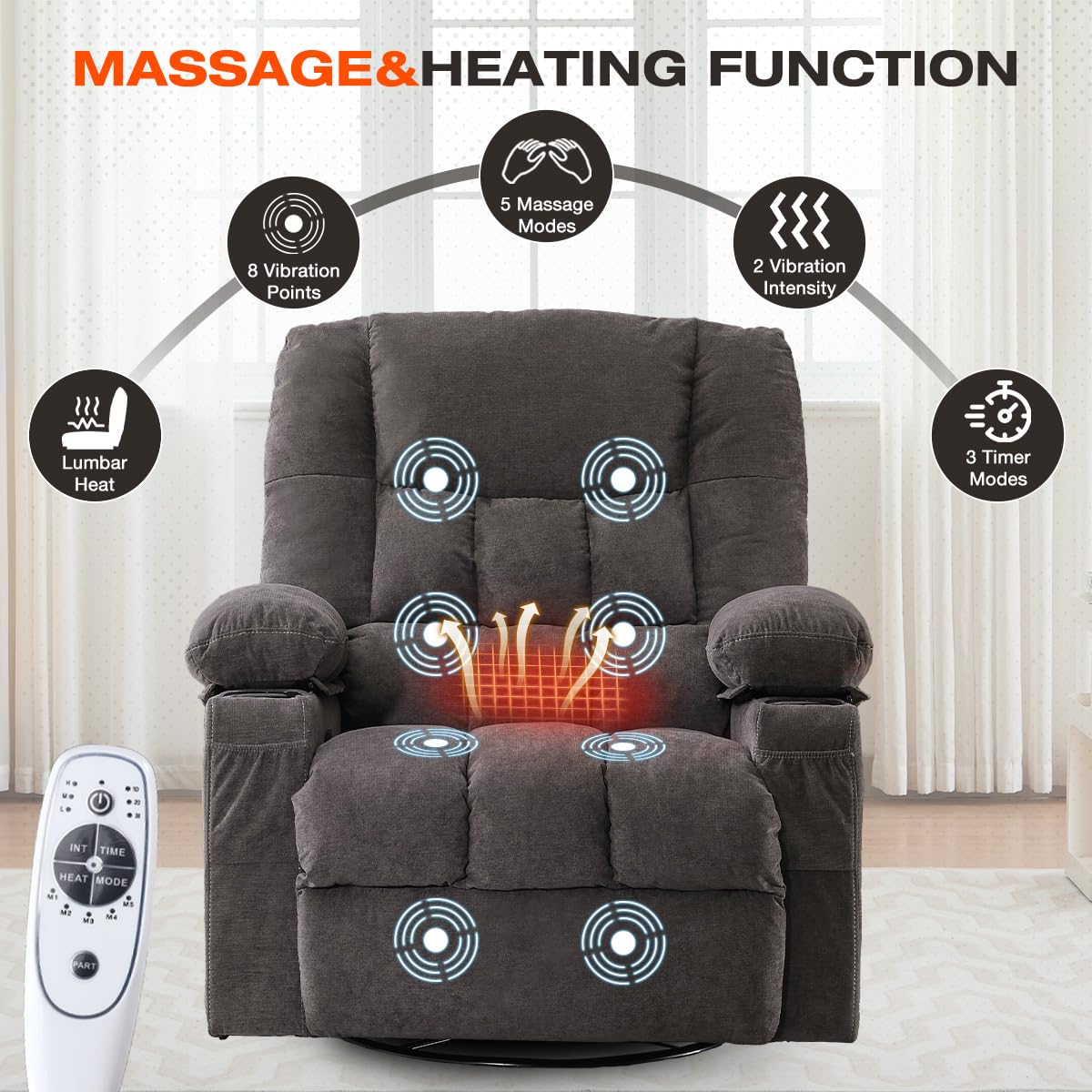 Oversized Swivel Rocker Recliner with Massage and Heat P558280