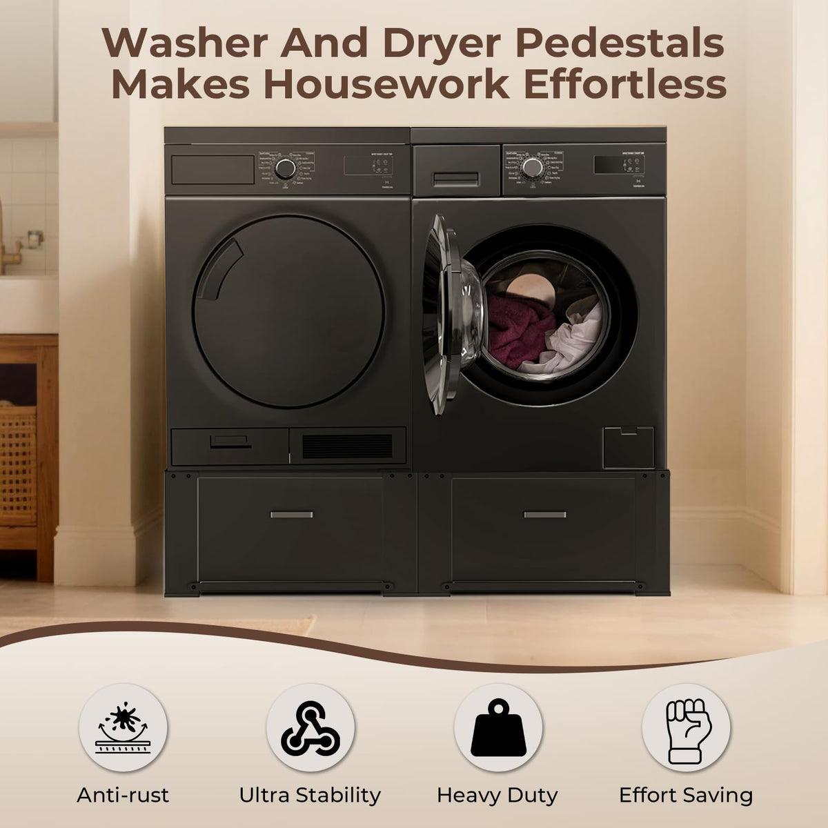 29" Washer and Dryer Pedestals with Drawer Set of 2 Black E67142
