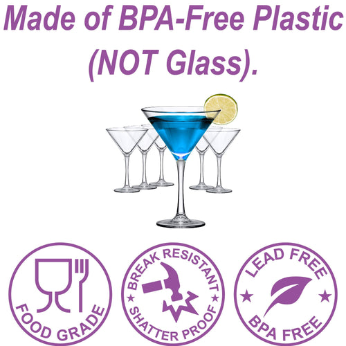 10-Ounce Plastic Martini Glasses Set of 6, Reusable, BPA-Free, Shatter-Proof, Dishwasher-Safe L47106