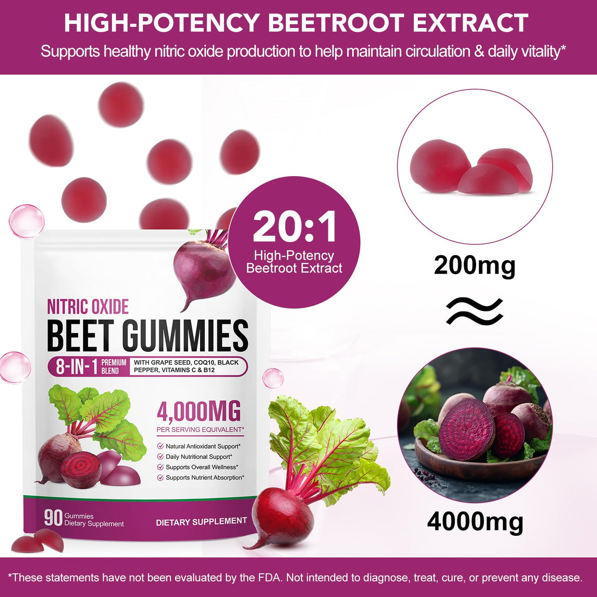 Beetroot Gummies 90 Gummies Beetroot Extract Supplement with COQ10 Vitamin C B12 Grape Seed Extract M348