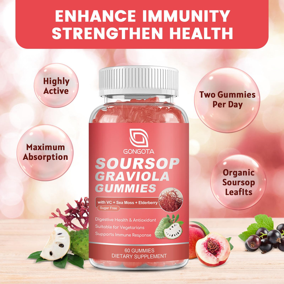 Soursop Graviola Gummies 2200mg Elderberry Sea Moss 60 Gummies Z15490
