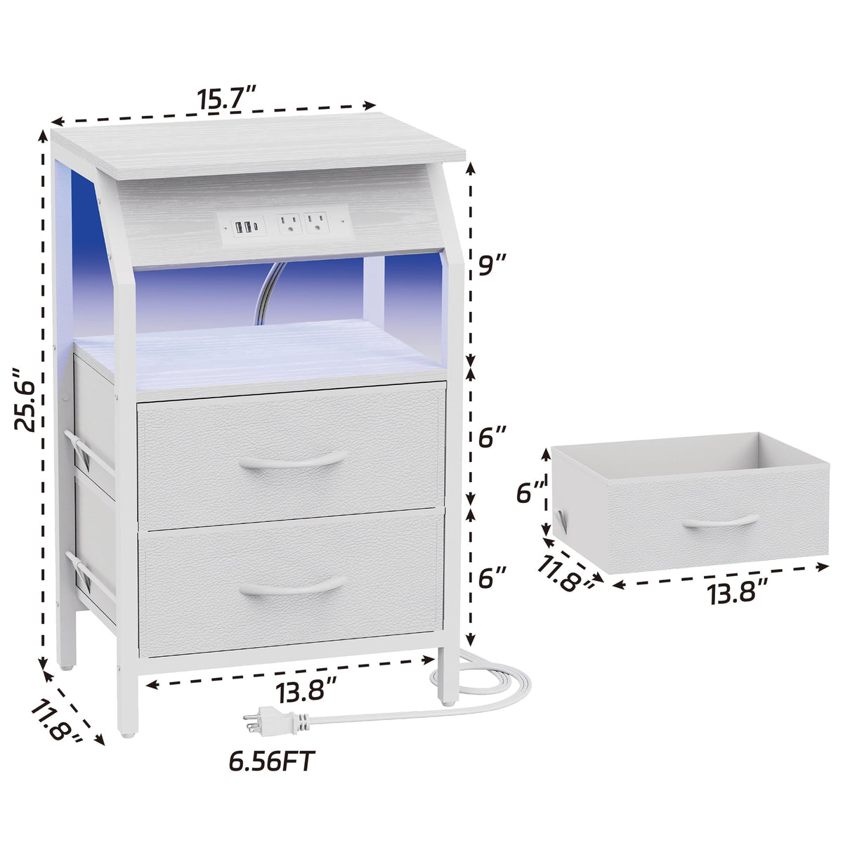 End Table with LED Lights, 2 Fabric Drawers and Charging Station Y856