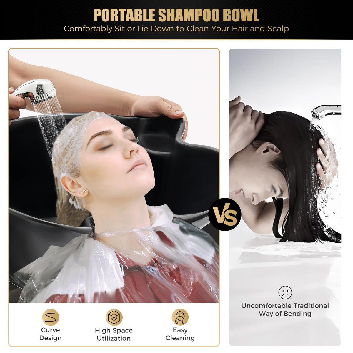 Black Portable Shampoo Bowl with 2 Bucket and Drain Hoses D97547