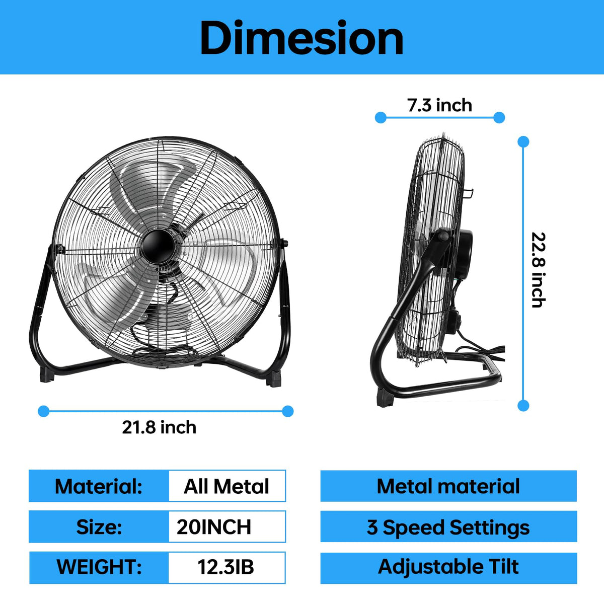 20 Inch Heavy Duty High Velocity Metal Floor Fan D82651