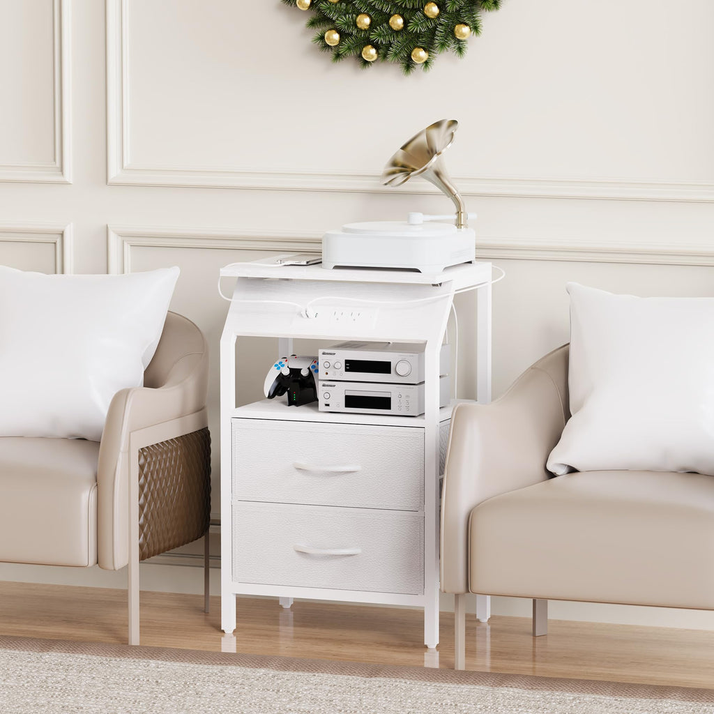 End Table with LED Lights, 2 Fabric Drawers and Charging Station Y856
