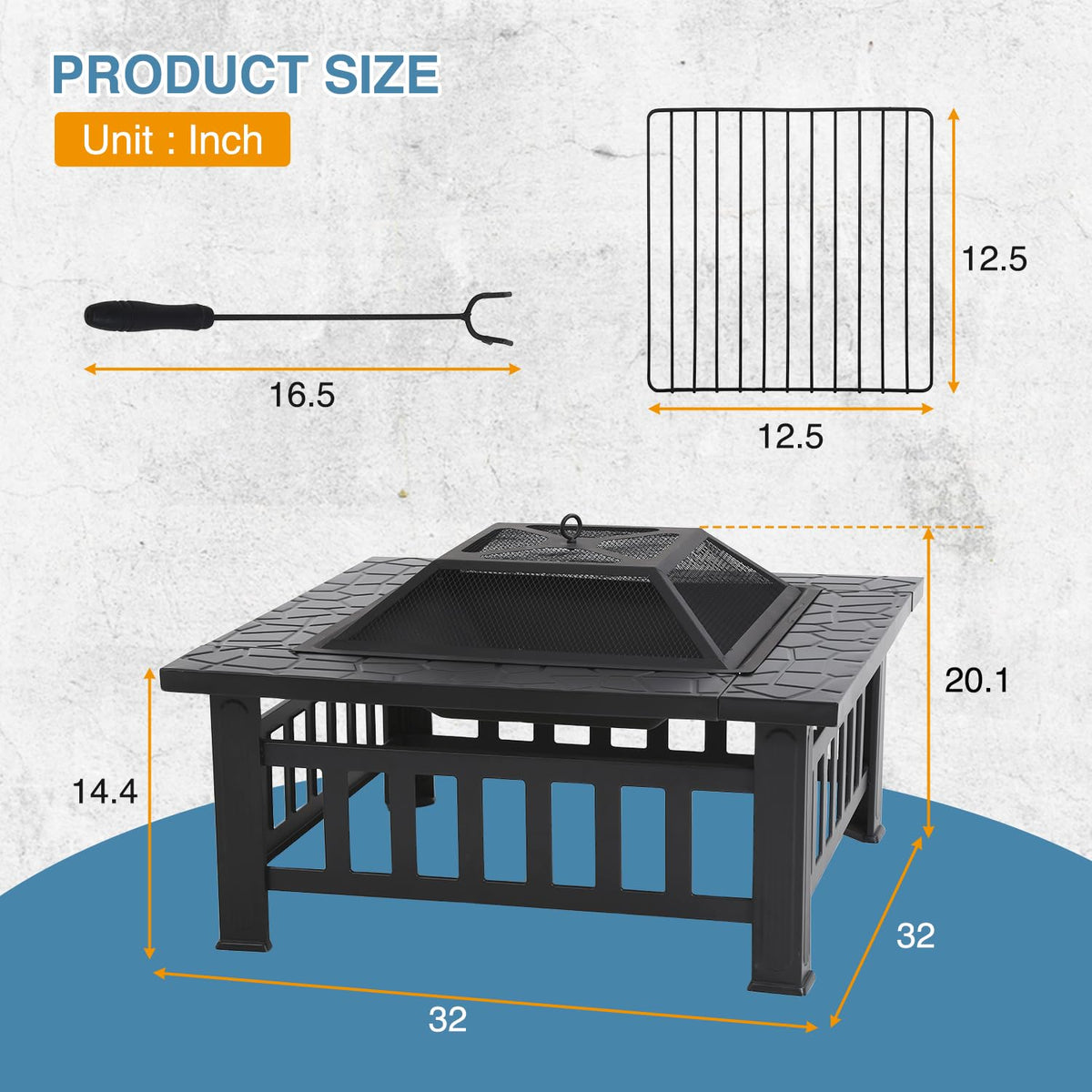 Square Metal Fire Pit Table 32in M7342