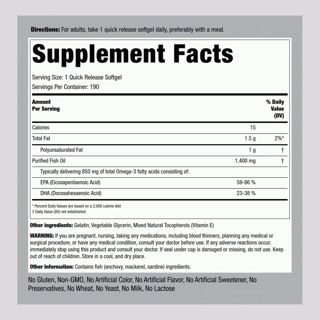 Fish Oil Omega 3 1400 mg 190 Softgels D62231