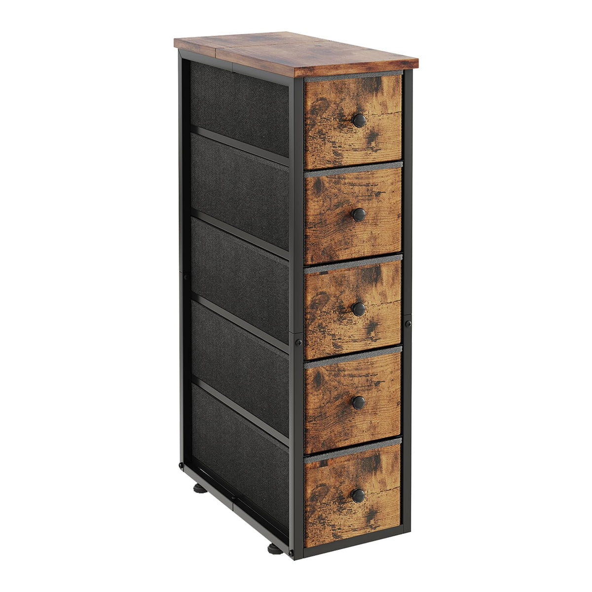 Narrow 5 Fabric Drawers Rustic Brown Dresser N74321
