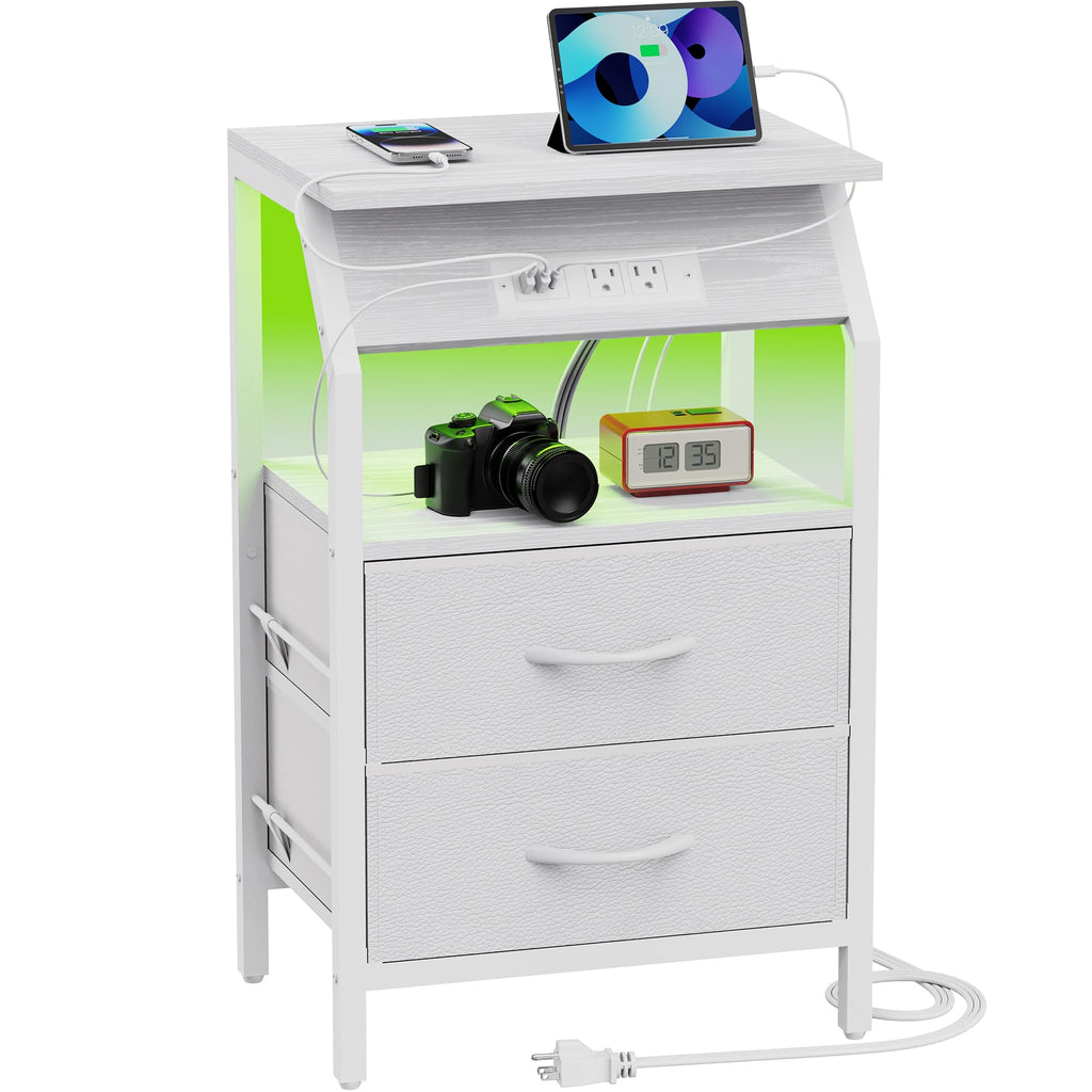 End Table with LED Lights, 2 Fabric Drawers and Charging Station Y856