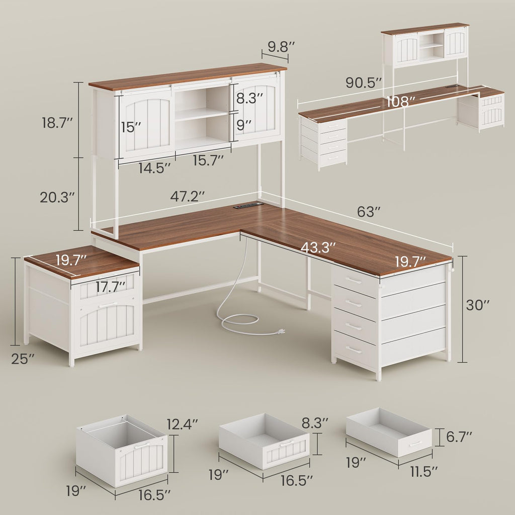 L Shaped Office Desk with 6 Drawer, Hutch L4320