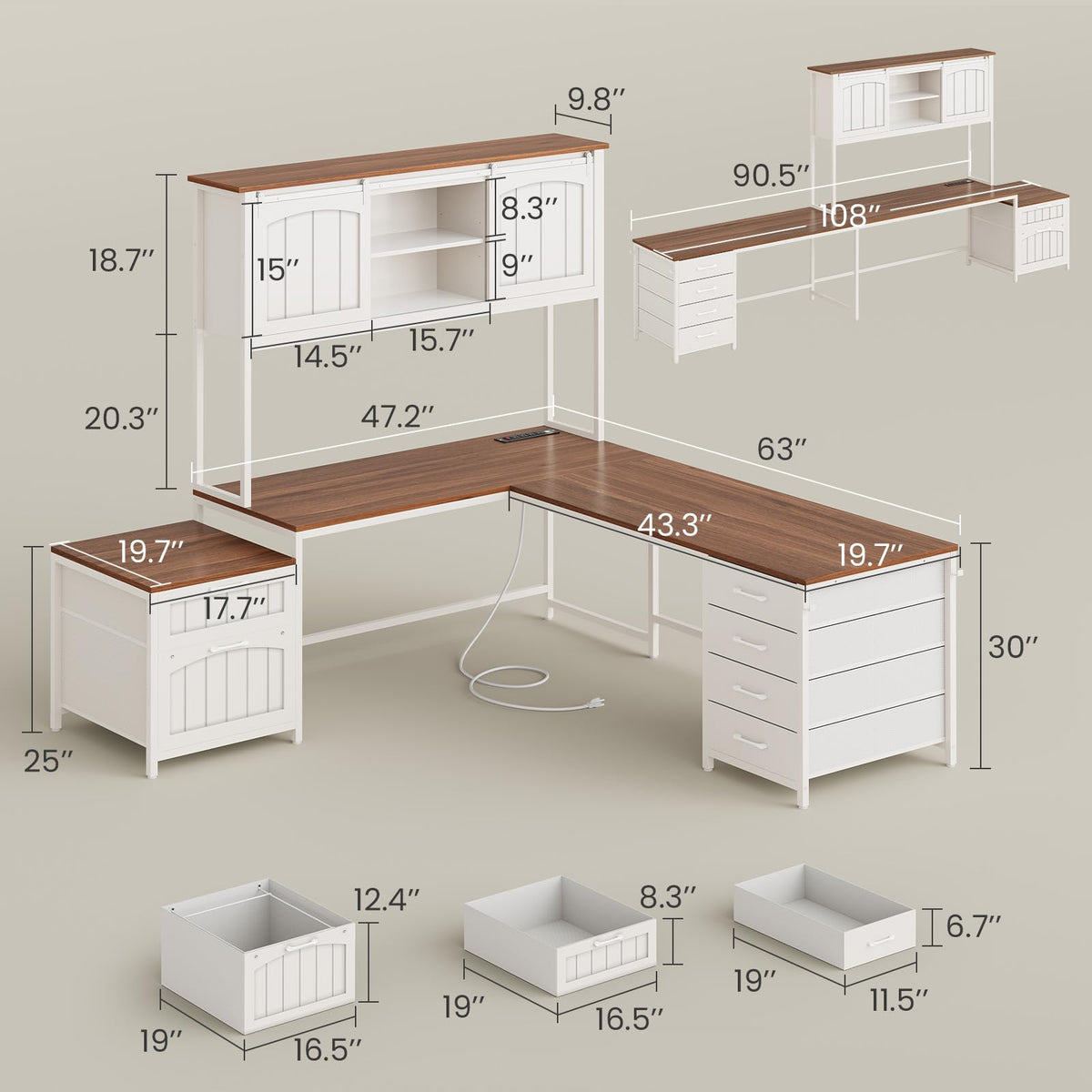 L Shaped Office Desk with 6 Drawer, Hutch L4320