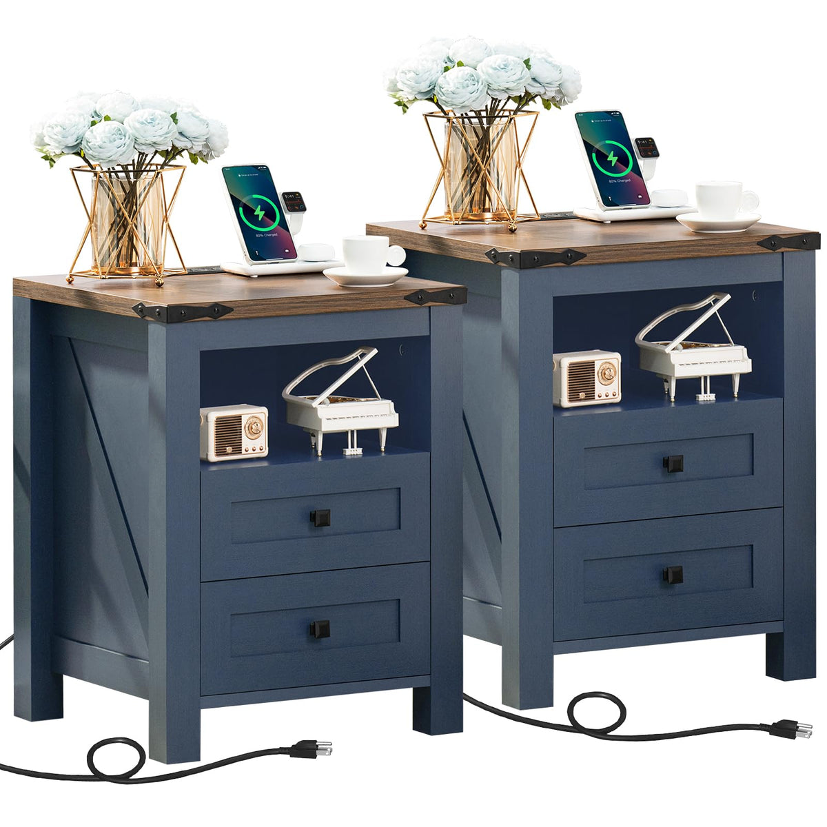 Set of 2 Nightstands with Charging Station and 2 Drawers Q86651