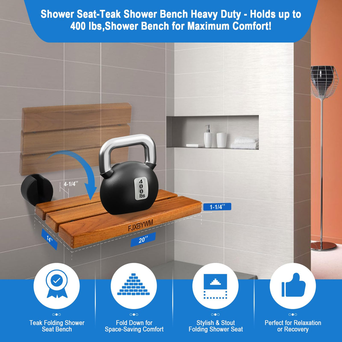 20" Teak Wall Mounted Fold Down Shower Seat 400 lbs Capacity G4912