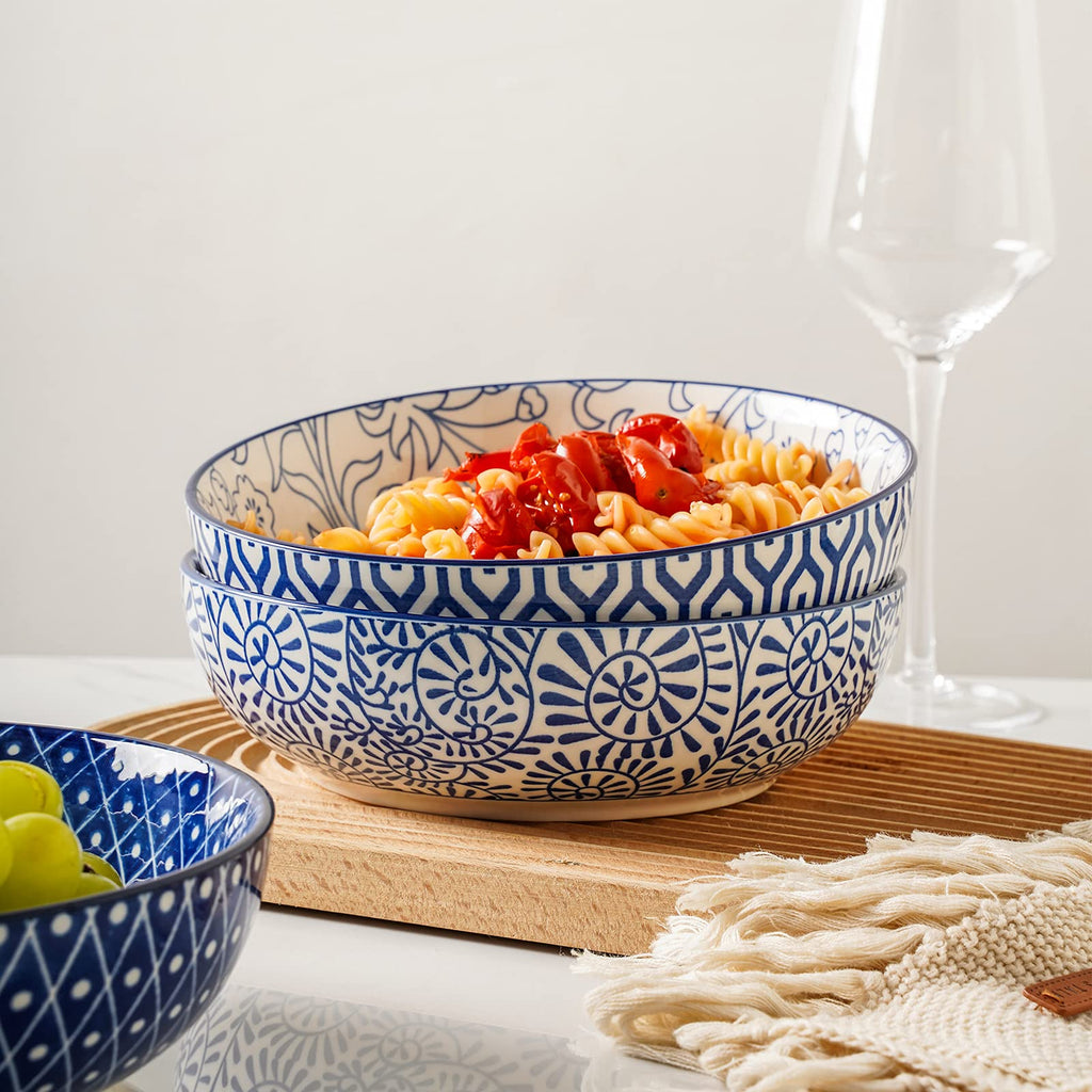 Ceramic Pasta Bowls Set of 4, 30 OZ Vintage Blue N34902