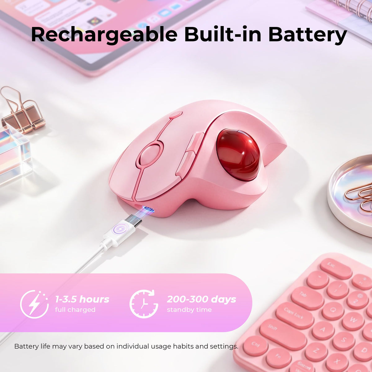 Wireless Ergonomic Pink Trackball Mouse T65678