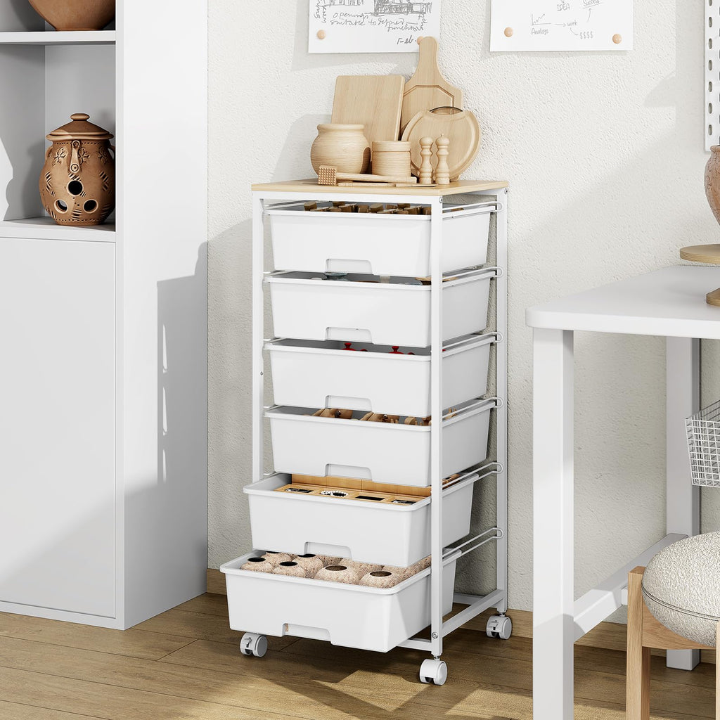 6 Drawer Rolling Storage Cart with Wooden Top and Wheels C47496