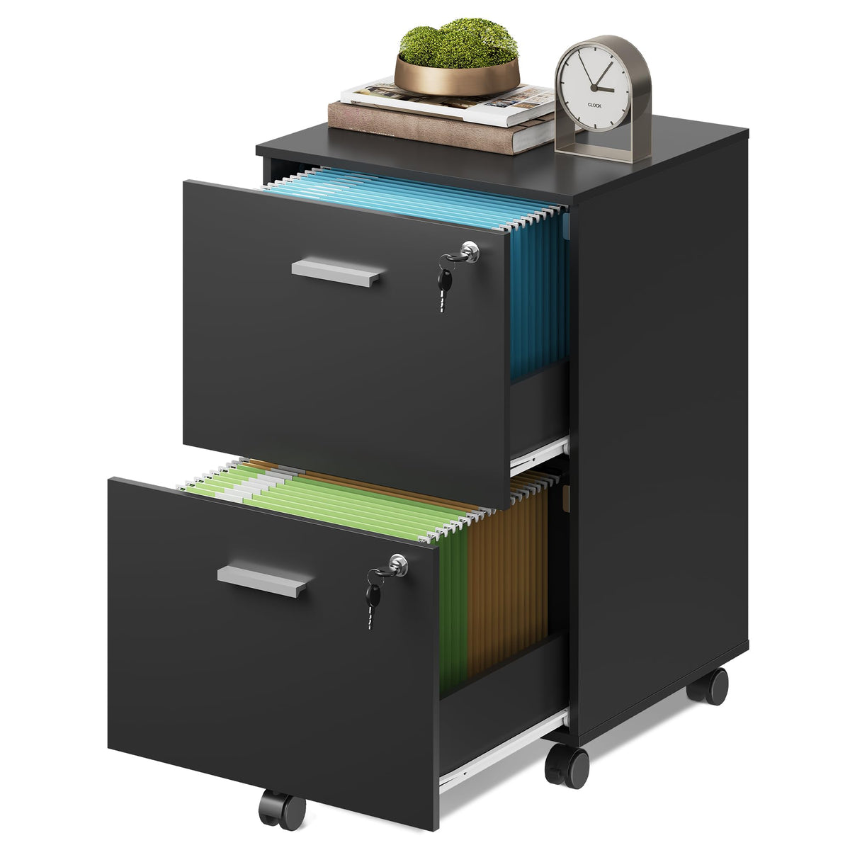 2 Drawer Wood File Cabinet with Lock, Black M64342