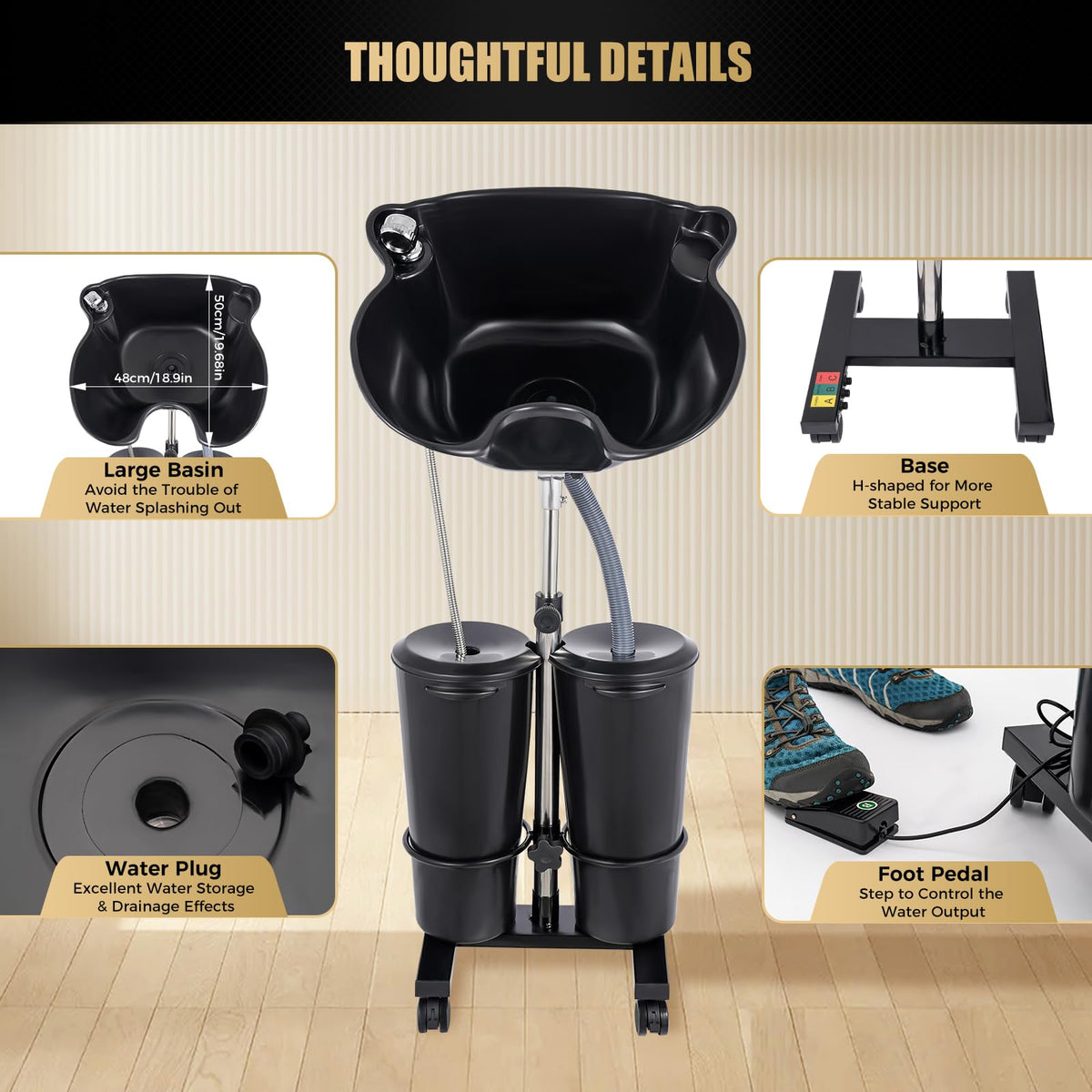 Black Portable Shampoo Bowl with 2 Bucket and Drain Hoses D97547