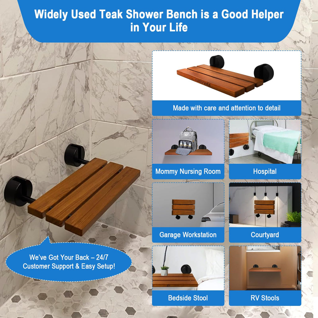 20" Teak Wall Mounted Fold Down Shower Seat 400 lbs Capacity G4912