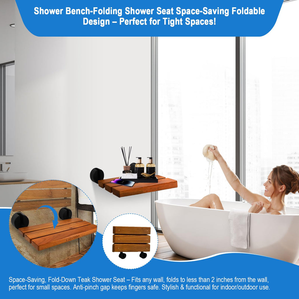 20" Teak Wall Mounted Fold Down Shower Seat 400 lbs Capacity G4912