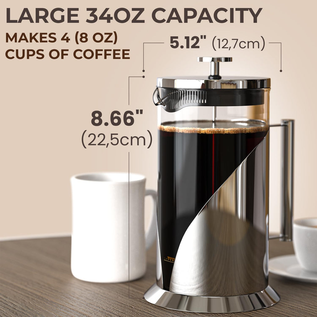 French Press Coffee Maker 34 oz Glass Stainless Steel Y54023