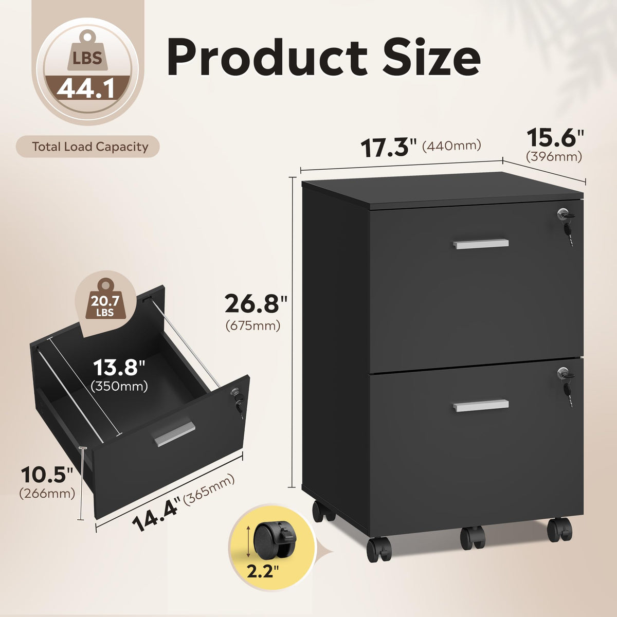 2 Drawer Wood File Cabinet with Lock, Black M64342